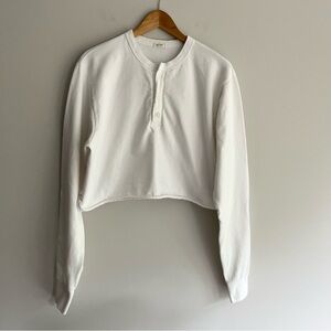 John Galt White Ribbed Cropped Henley Top OS